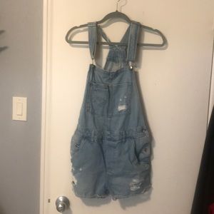 Denim distressed overalls